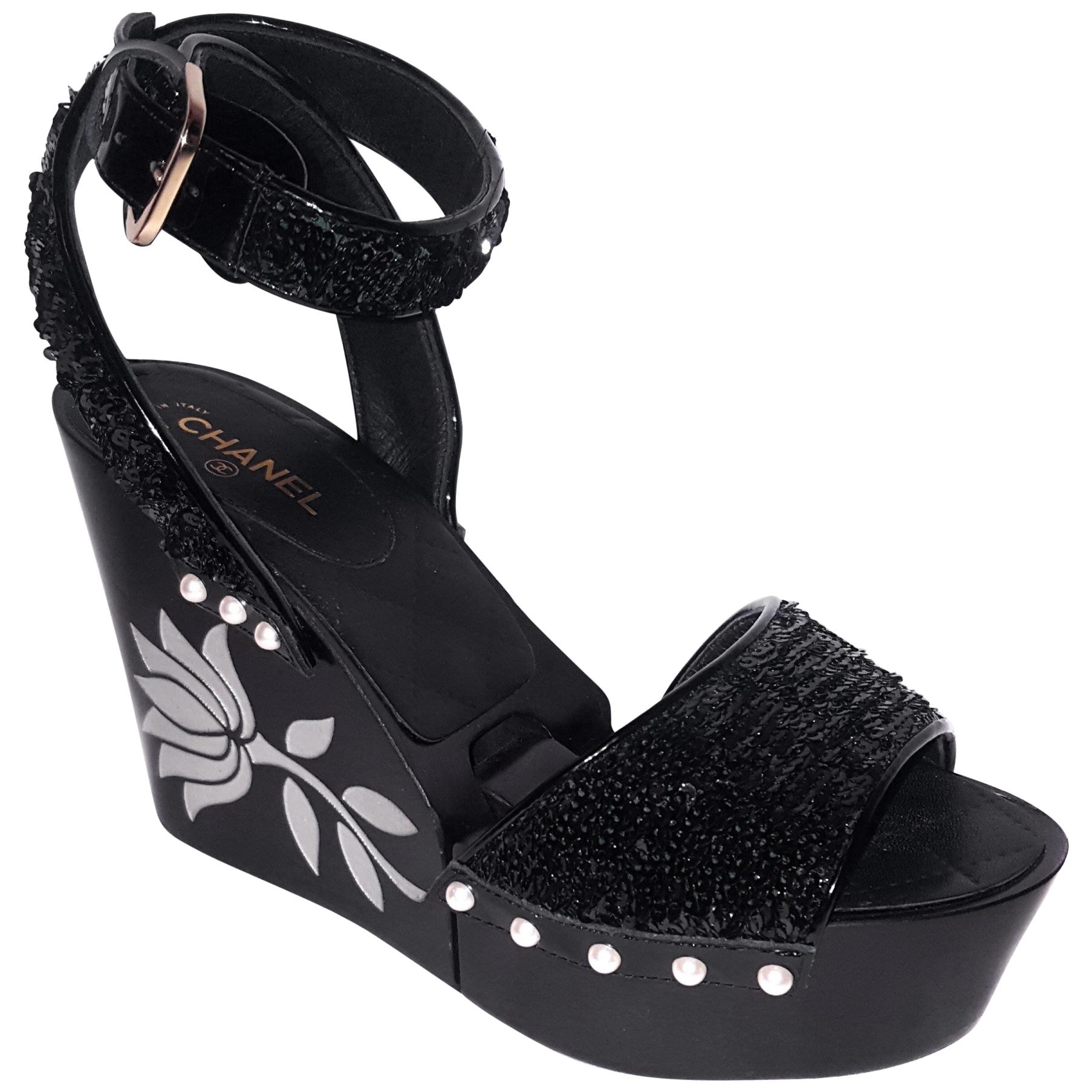 Chanel Wedge Black Sandals W/ Faux Mother of Pearl Flower & Sequin Straps For Sale