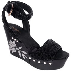 Chanel Wedge Black Sandals W/ Faux Mother of Pearl Flower & Sequin Straps