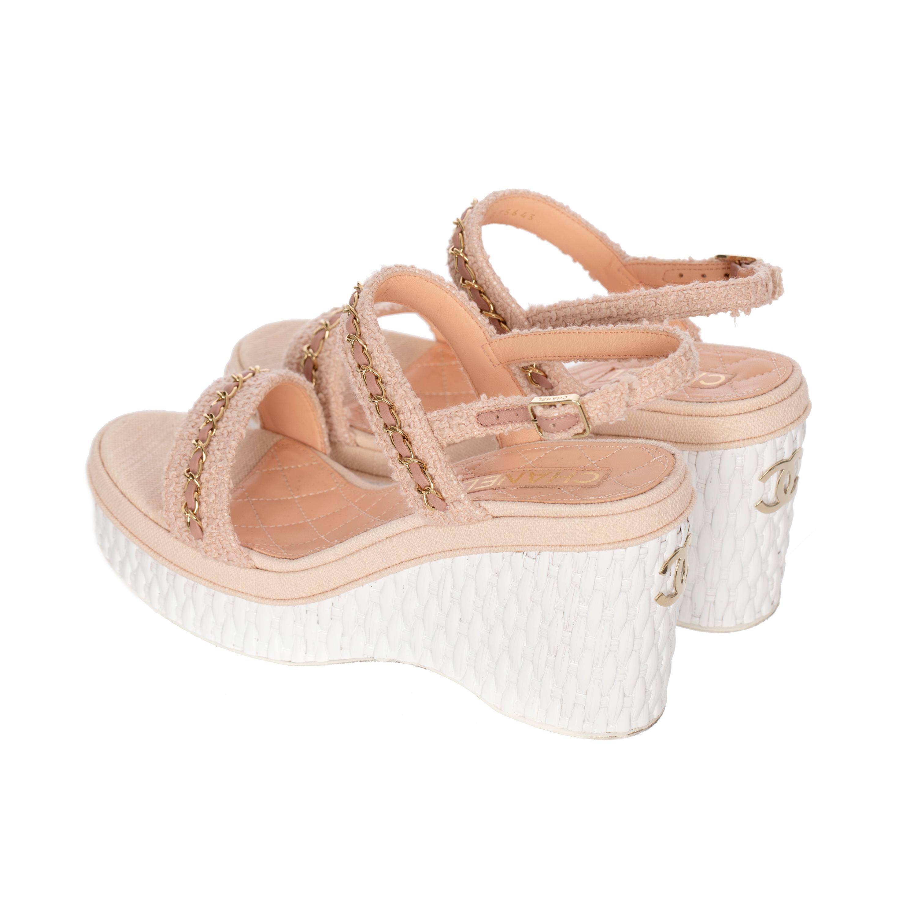 Chanel Wedge Sandals In Pink Tweed 39.5 FR 1