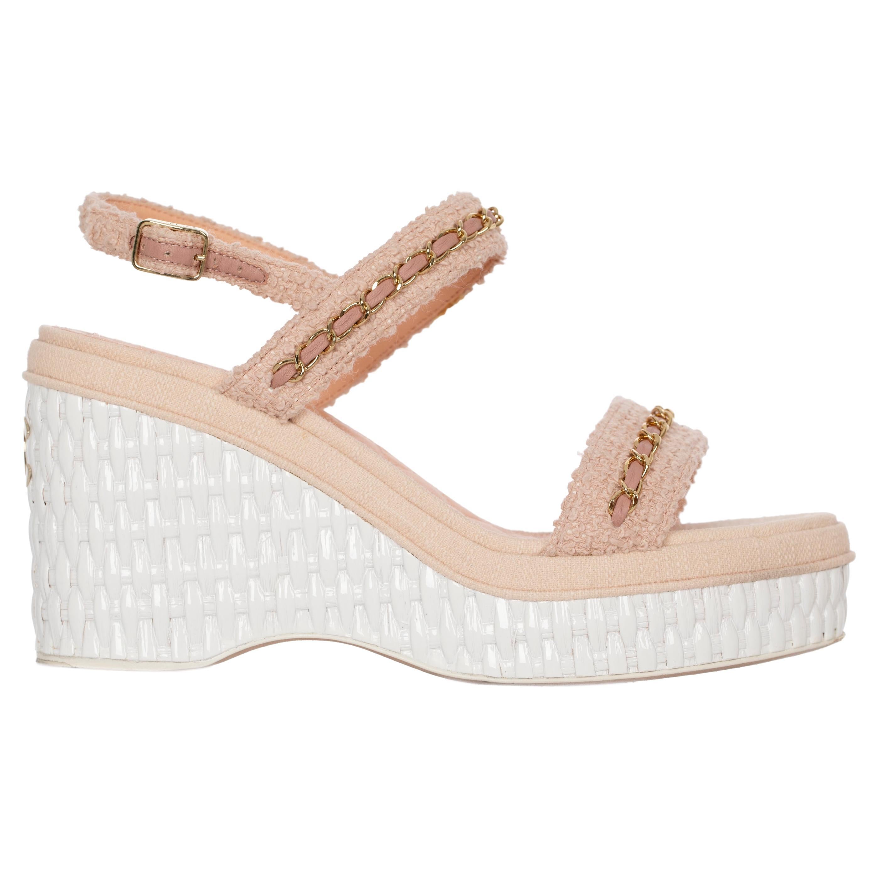 Chanel Wedge Sandals In Pink Tweed 39.5 FR
