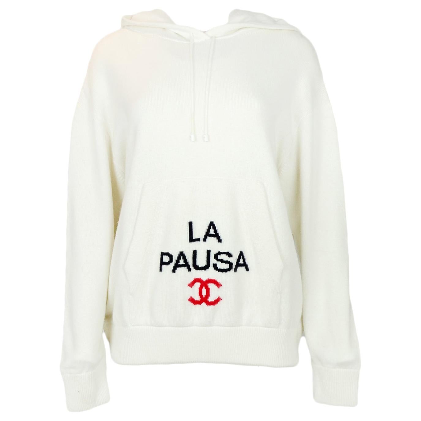 Chanel White 2019 Cruise Cashmere La Pausa Hooded Sweater sz 44 rt $3, 250