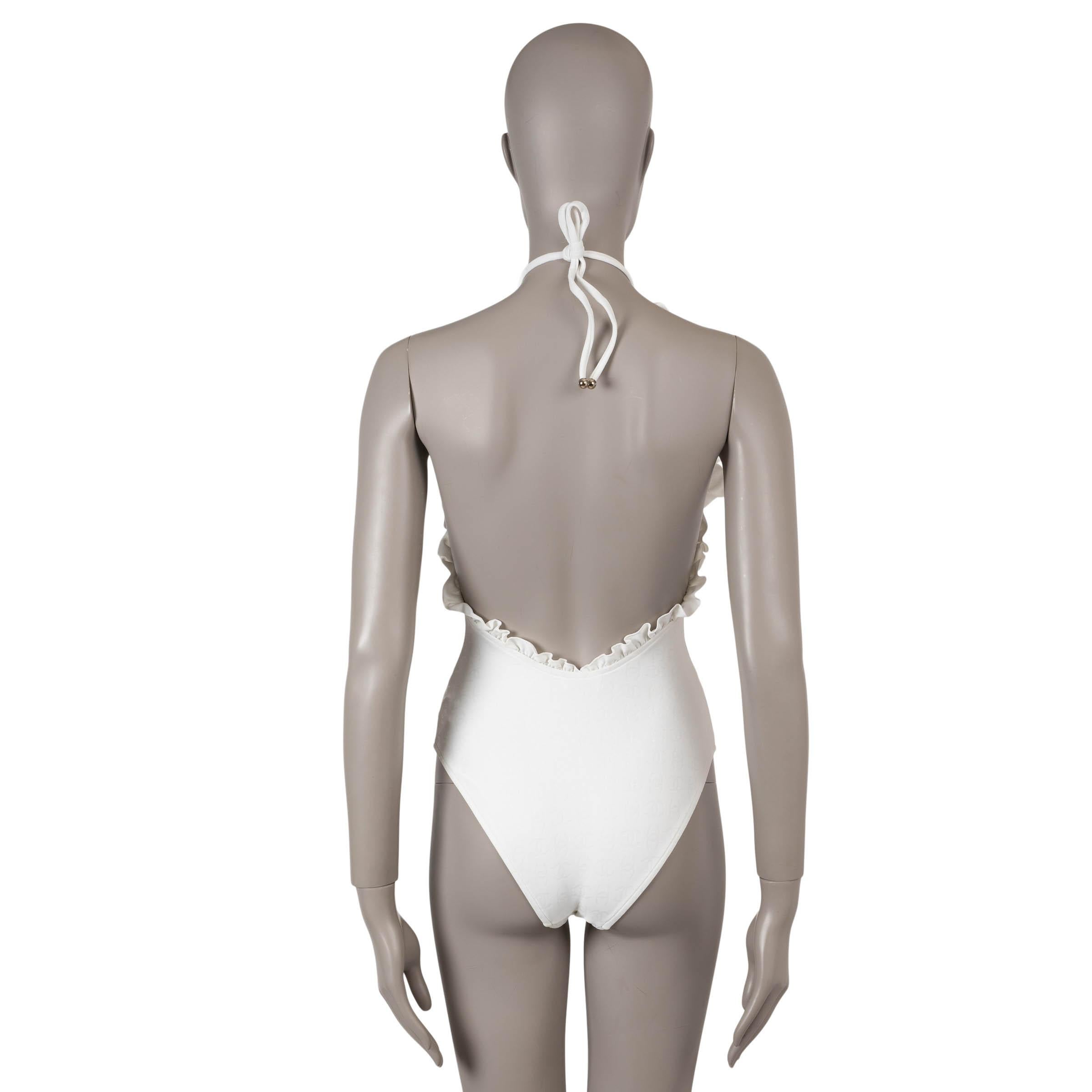 Gray CHANEL white 23S RUFFLED ALL-OVER LOGO RUNWAY Swimsuit 38 S