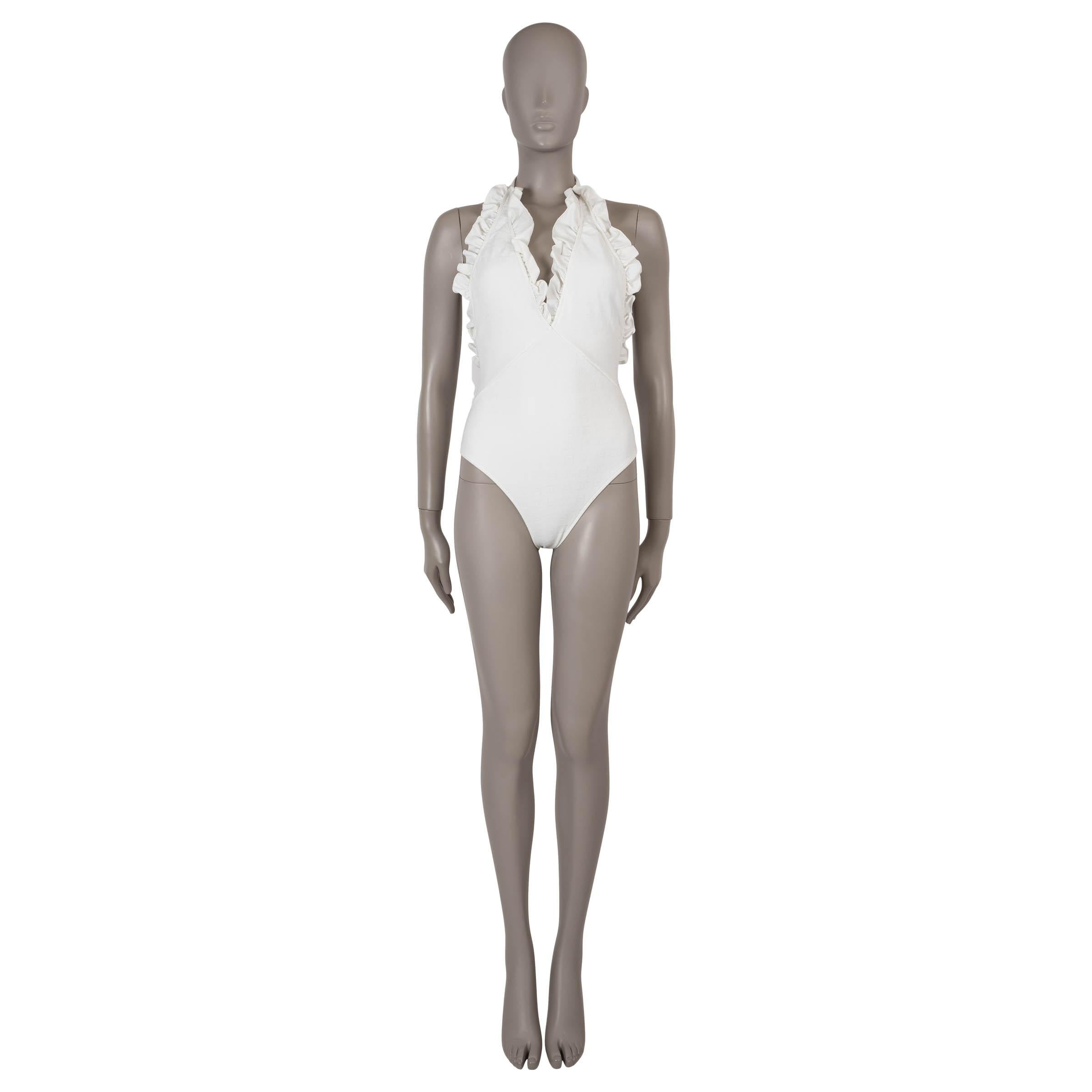 Women's CHANEL white 23S RUFFLED ALL-OVER LOGO RUNWAY Swimsuit 38 S