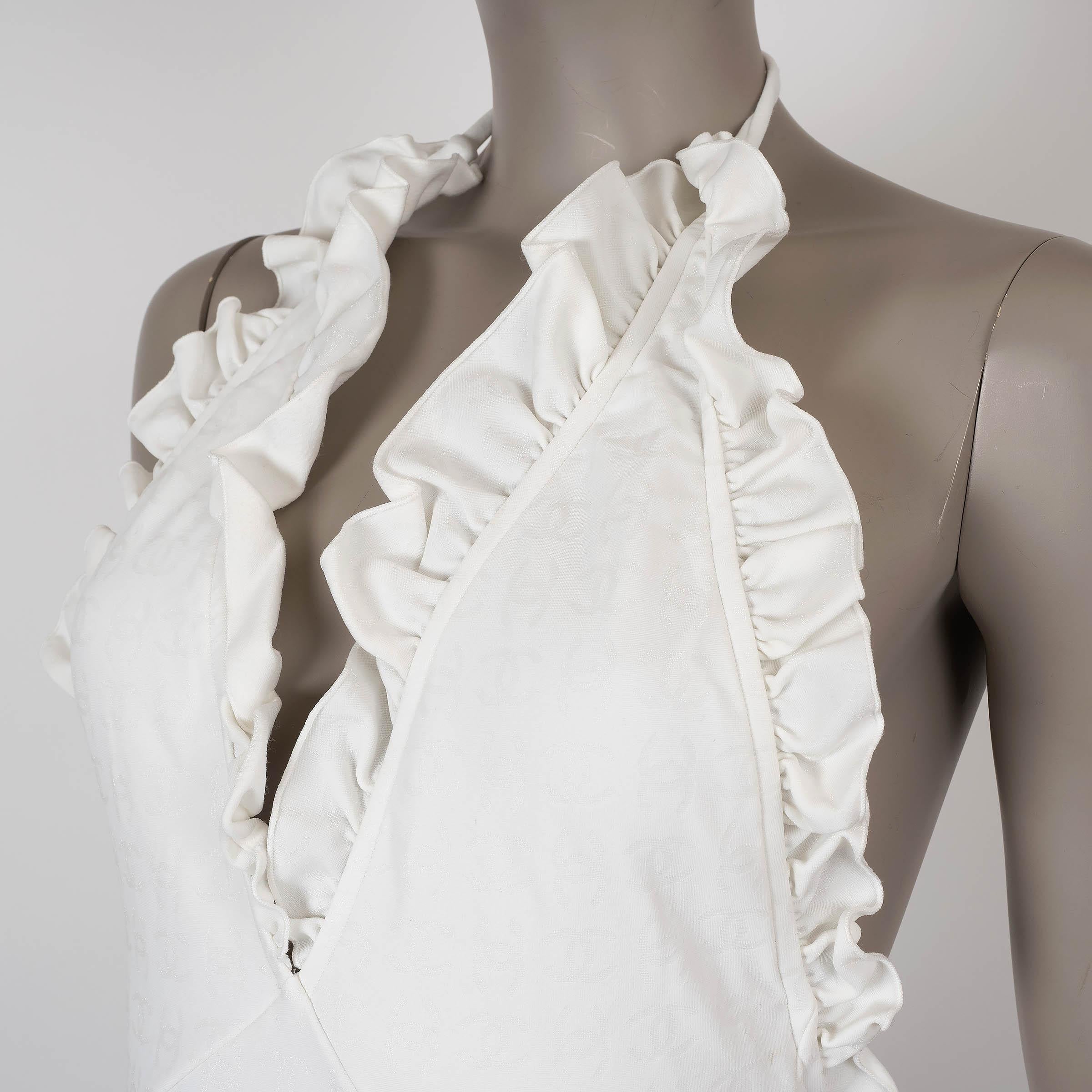CHANEL white 23S RUFFLED ALL-OVER LOGO RUNWAY Swimsuit 38 S 1
