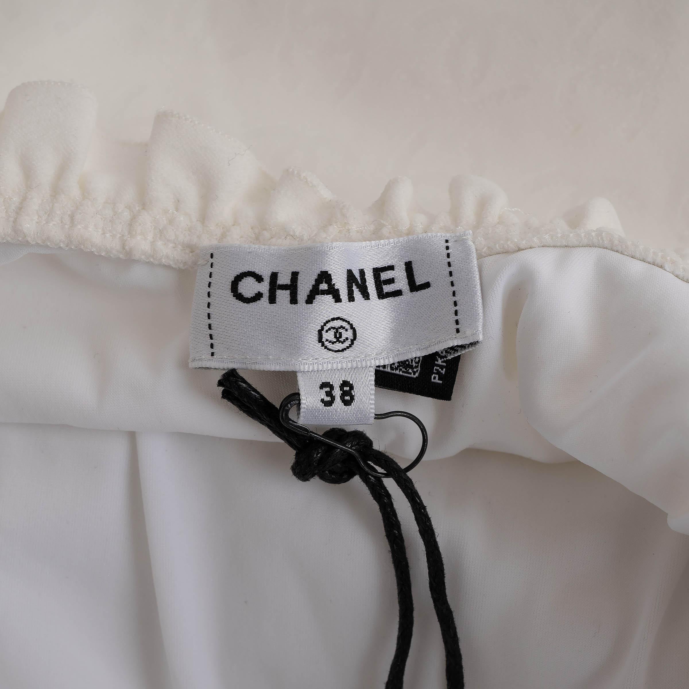 CHANEL white 23S RUFFLED ALL-OVER LOGO RUNWAY Swimsuit 38 S 2