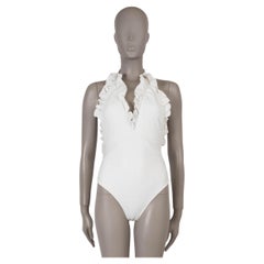 CHANEL white 23S RUFFLED ALL-OVER LOGO RUNWAY Swimsuit 38 S