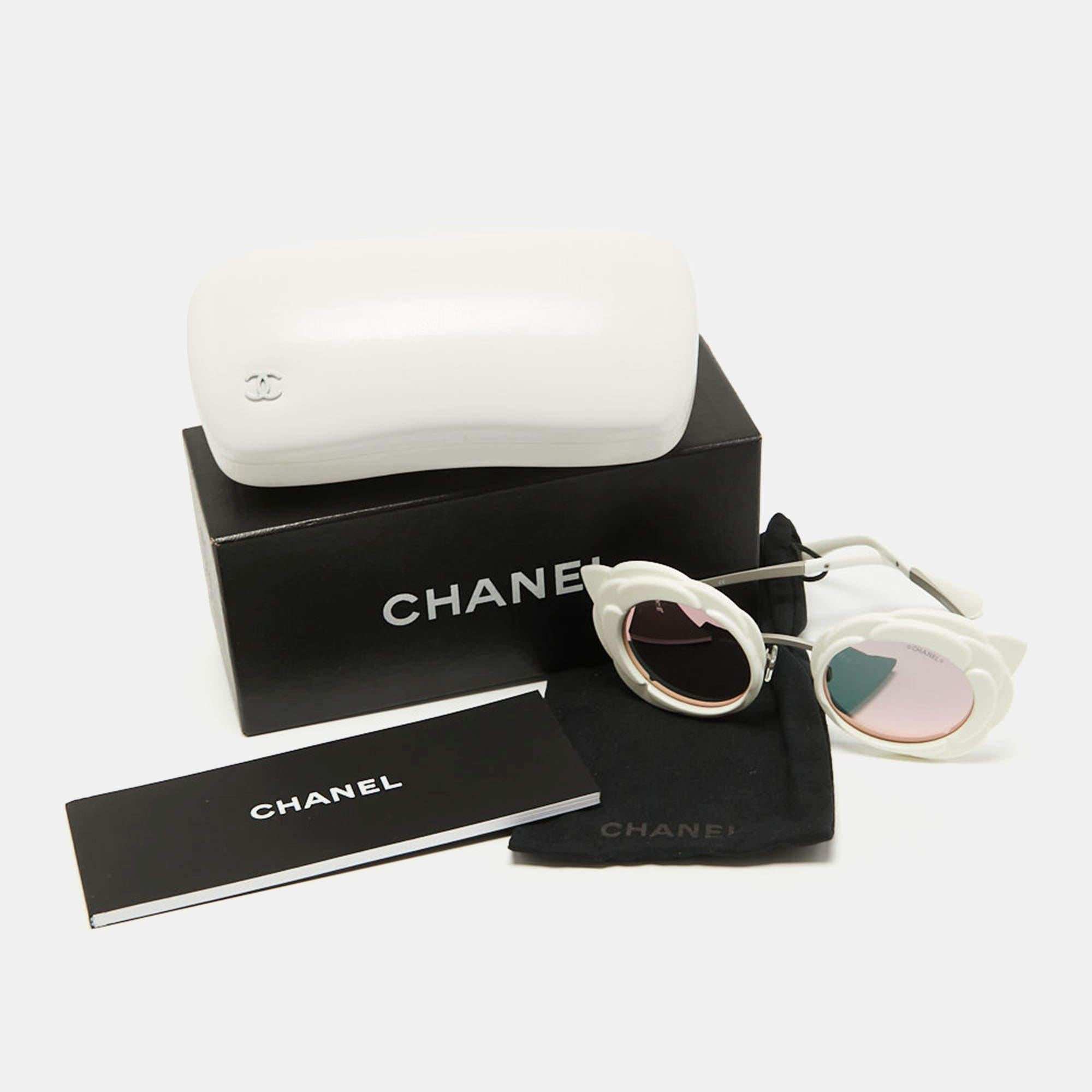 Women's Chanel White 71198 Camellia Round Sunglasses