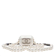 Chanel White Acrylic AirPods, Imitation Pearl, Clear Strass, Silver Metal