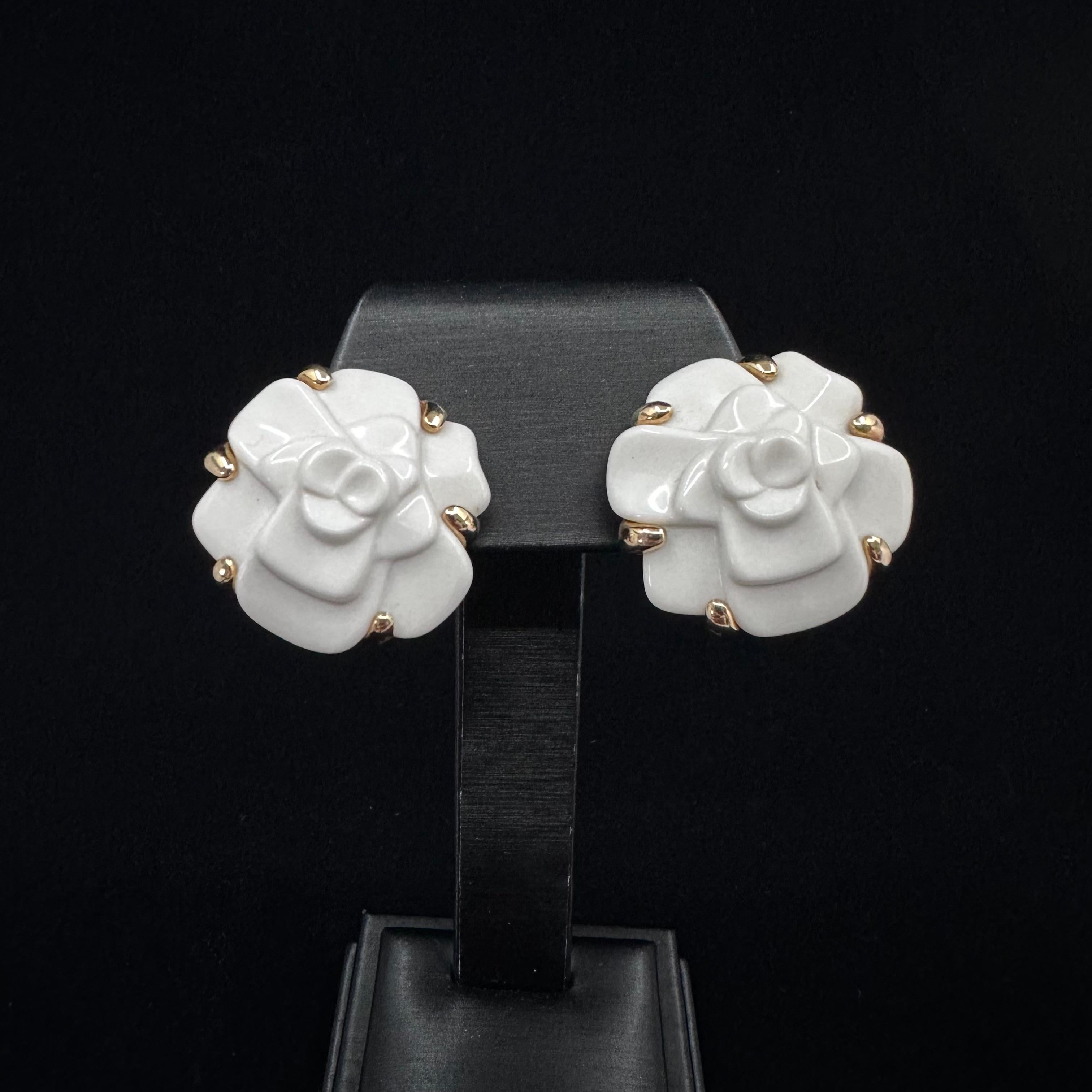 Rose Cut Chanel White Agate 18k Gold Camellia Earrings