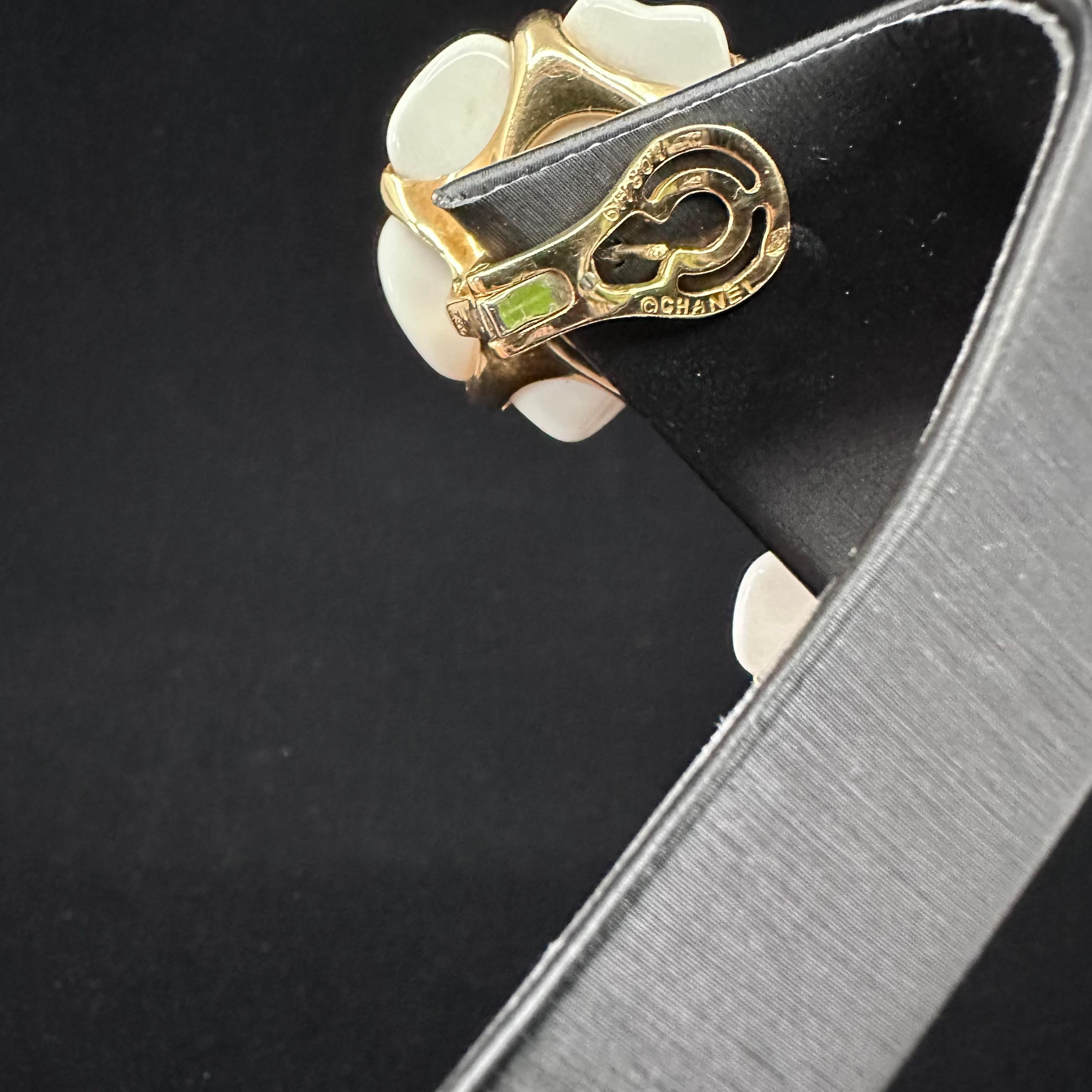 Chanel White Agate 18k Gold Camellia Earrings 1