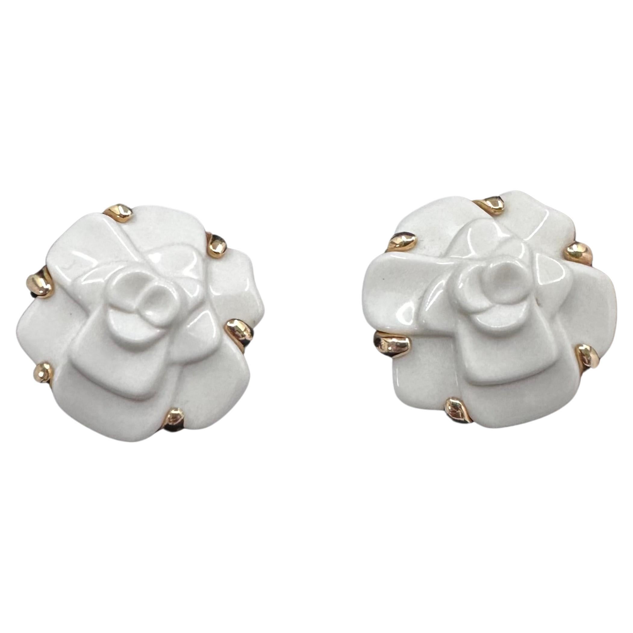 Chanel White Agate 18k Gold Camellia Earrings