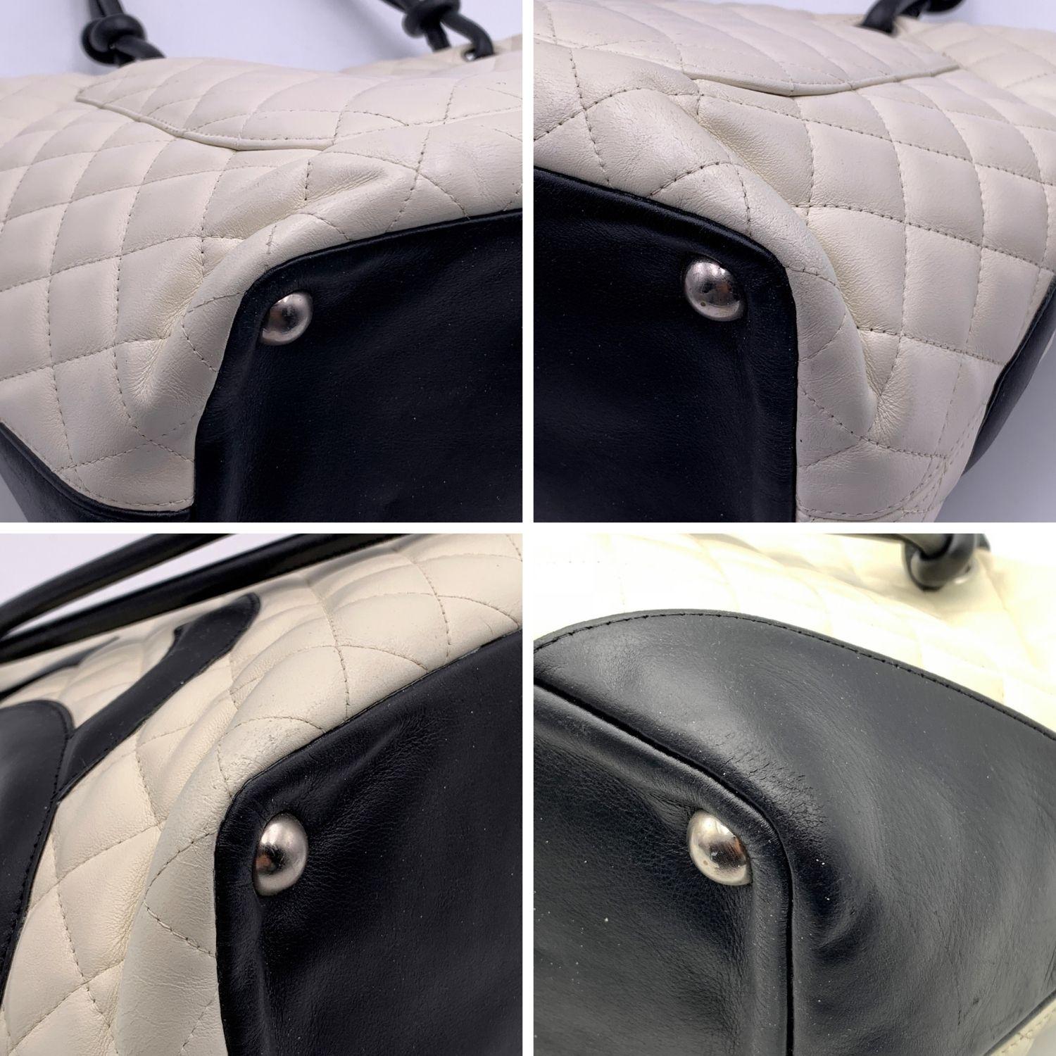 Gray Chanel White and Black Quilted Leather Cambon Ligne Tote Bag