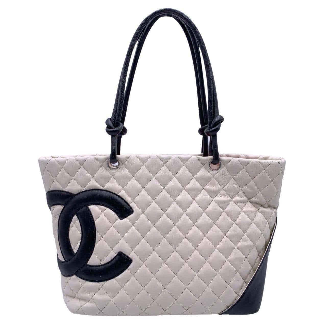 Chanel White and Black Quilted Leather Cambon Ligne Tote Bag For Sale ...