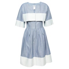 Chanel White and Blue Cotton With Cropped Jacket Ruched Dress M