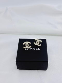 Chanel White and Gold Enamel Interlocking CC Stud Earrings