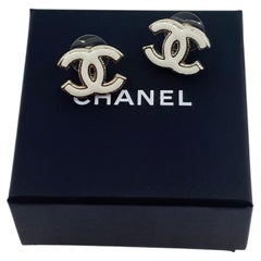Chanel White and Gold Enamel Interlocking CC Stud Earrings