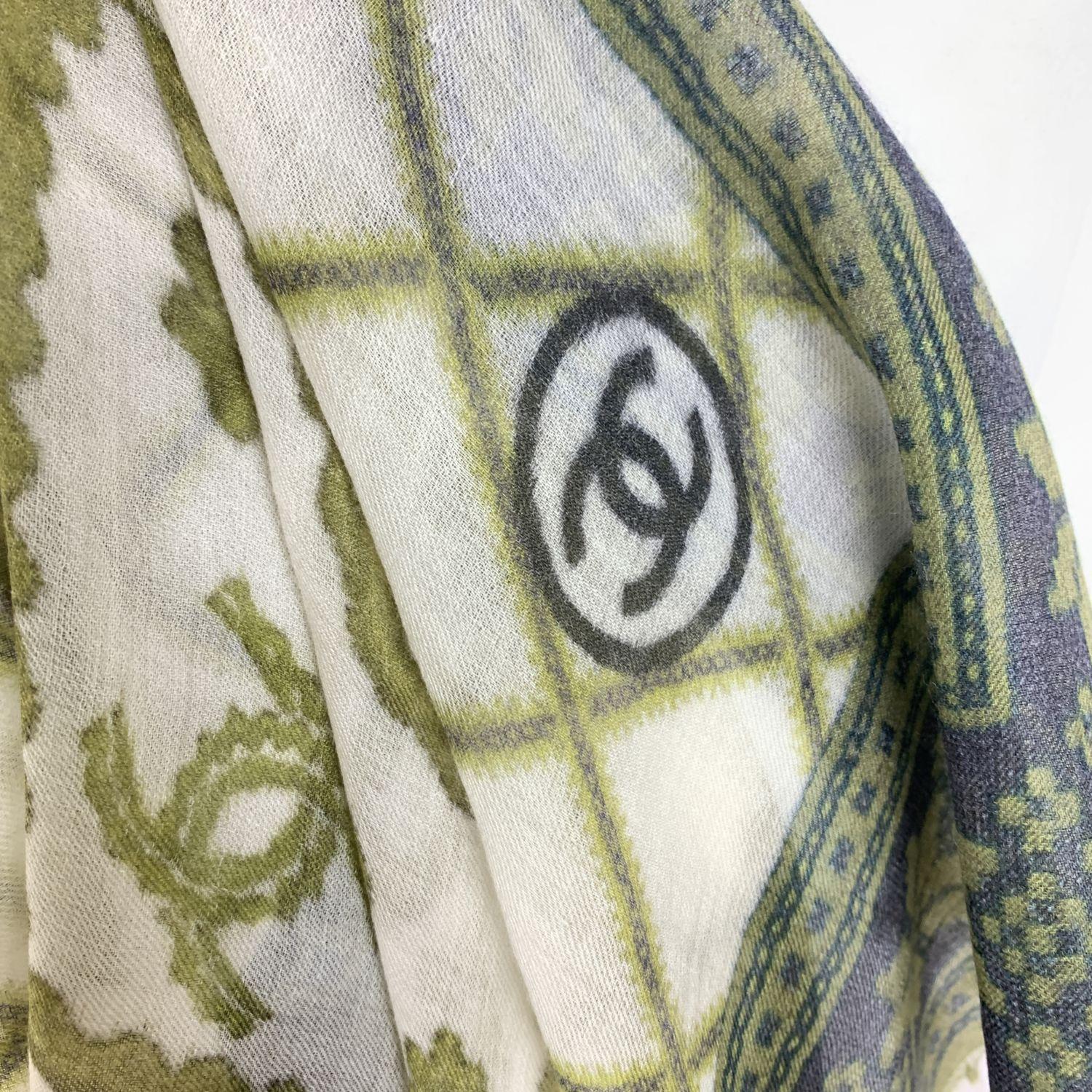Gray Chanel White and Green Cashmere Lattice Hearts Shawl Large Scarf