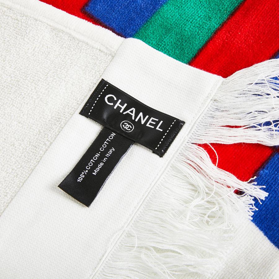 Gray CHANEL White Beach Towel with Multicolored Stripes