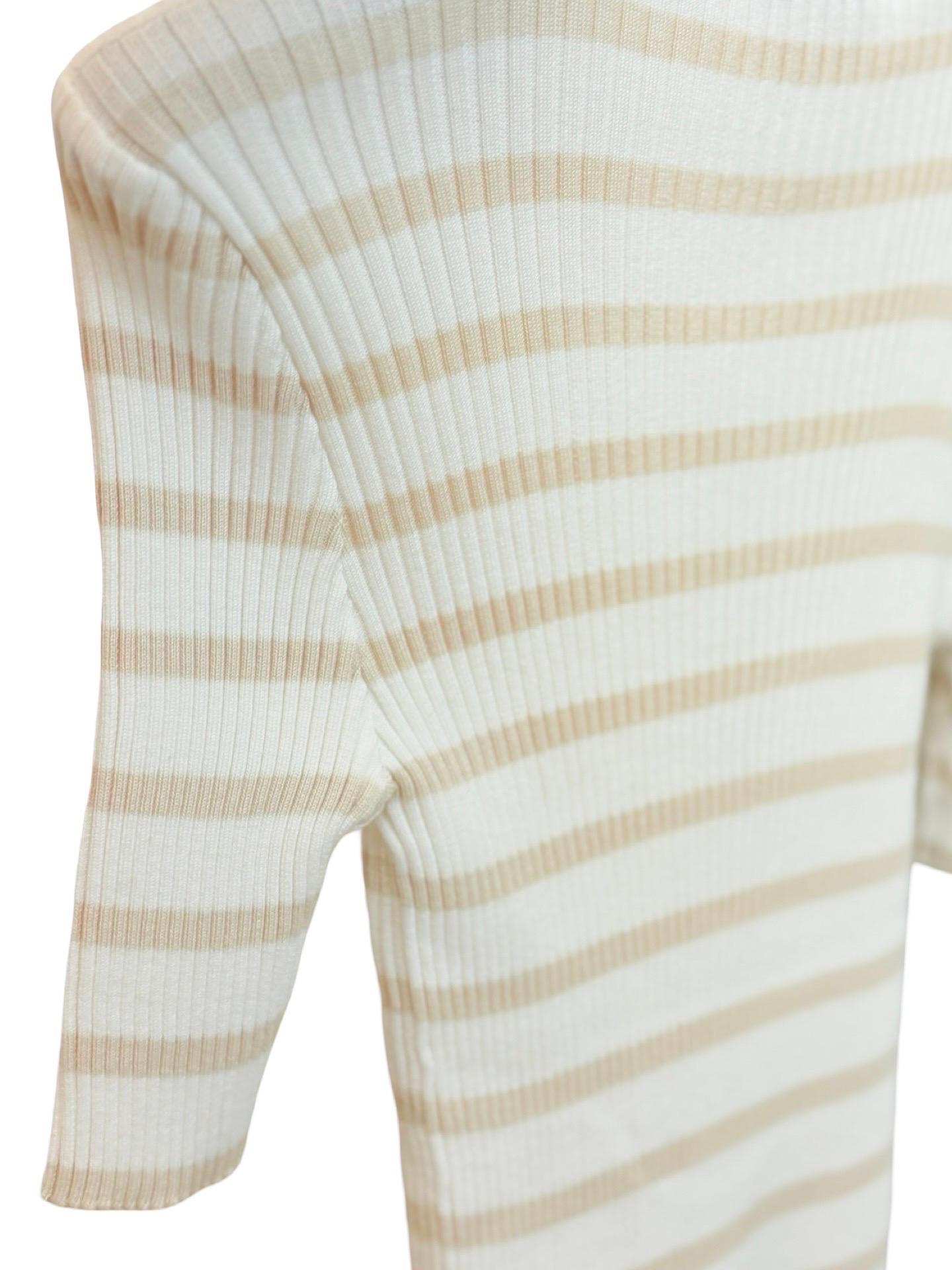 Chanel white beige cotton knitted stripe short sleeves cardigan top In Excellent Condition For Sale In Sheung Wan, HK