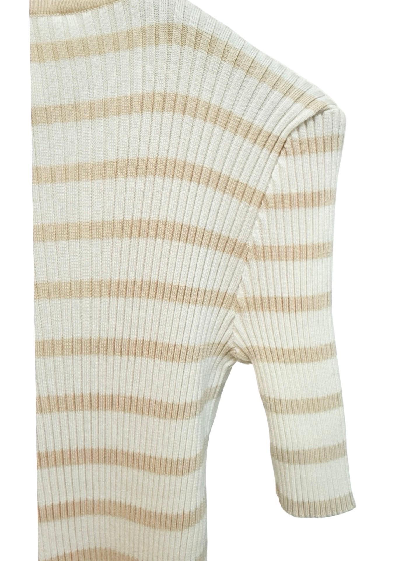 Chanel white beige cotton knitted stripe short sleeves cardigan top For Sale 1