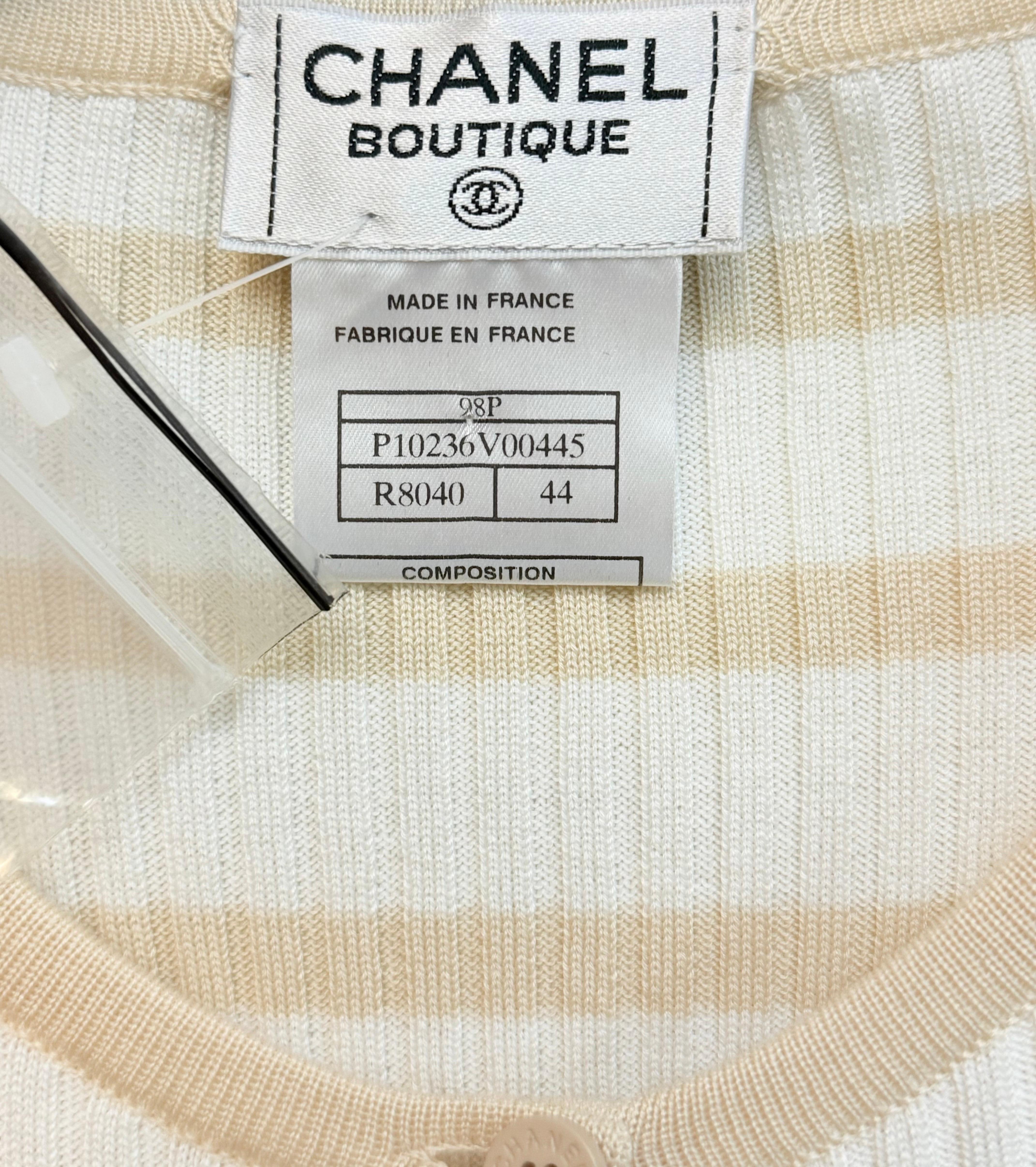 Chanel white beige cotton knitted stripe short sleeves cardigan top For Sale 2