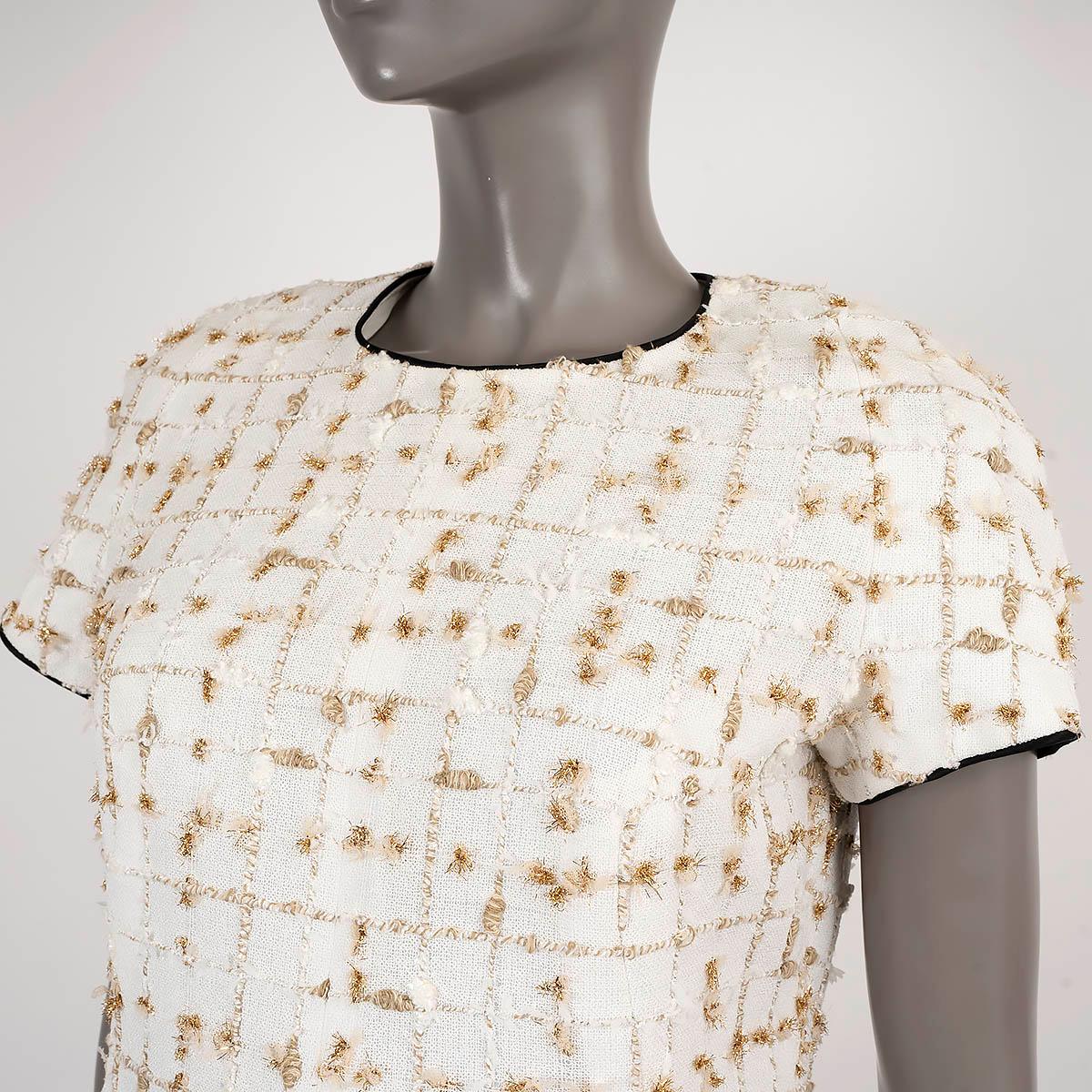 CHANEL white beige gold 2019 19S SHORT SLEEVE TWEED Dress 38 S For Sale 2