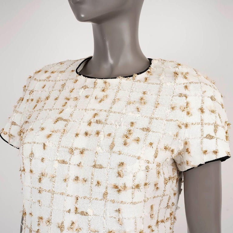 CHANEL white beige gold 2019 19S SHORT SLEEVE TWEED Dress 38 S at 1stDibs