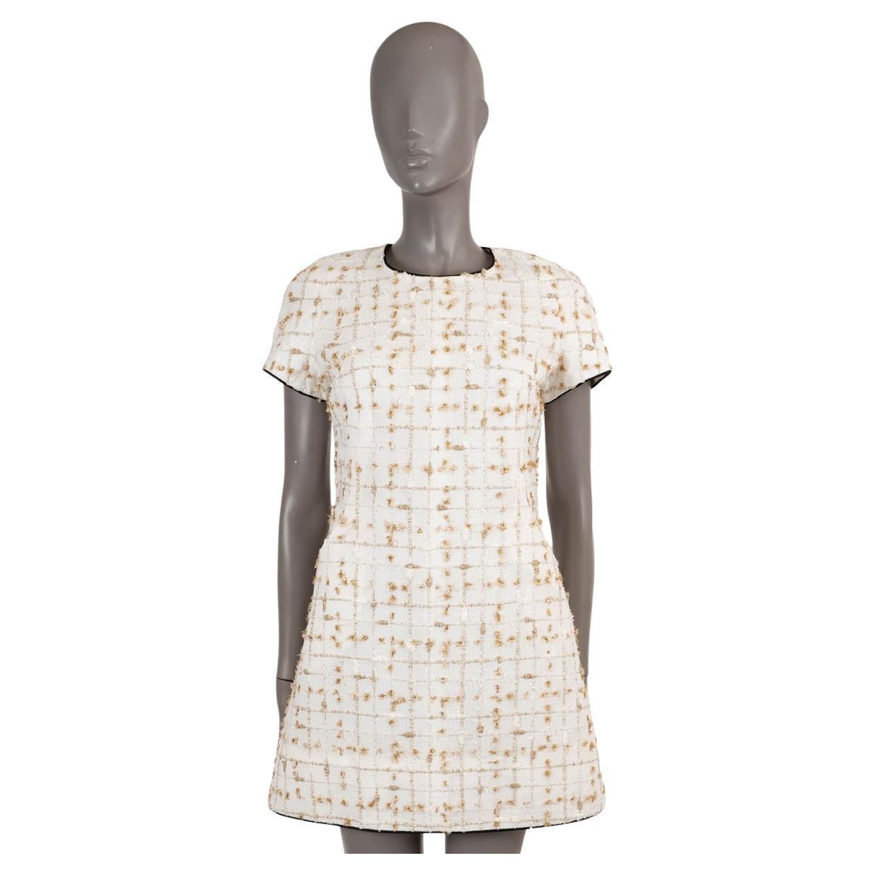 CHANEL white beige gold 2019 19S SHORT SLEEVE TWEED Dress 38 S For Sale