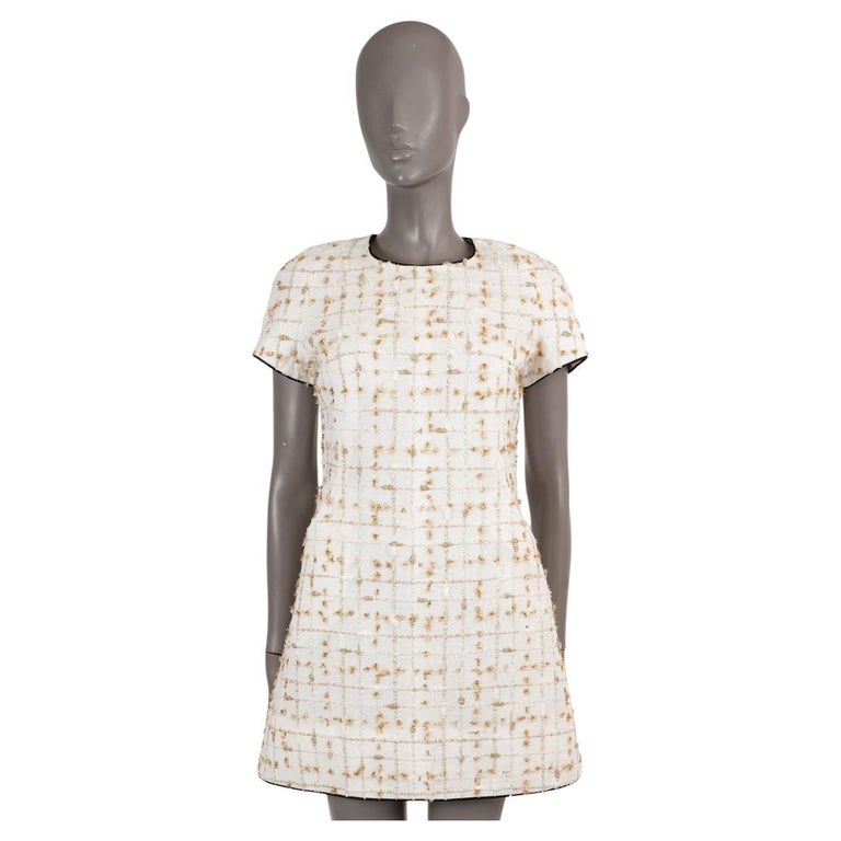 princess polly baby blue dress CHANEL white beige gold 2019 19S SHORT SLEEVE TWEED Dress 38 S at 1stDibs