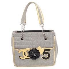 Chanel White/Black Canvas and Patent Leather Camellia No.5 Tote