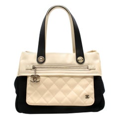 Chanel White & Black Canvas & Leather Tote Bag