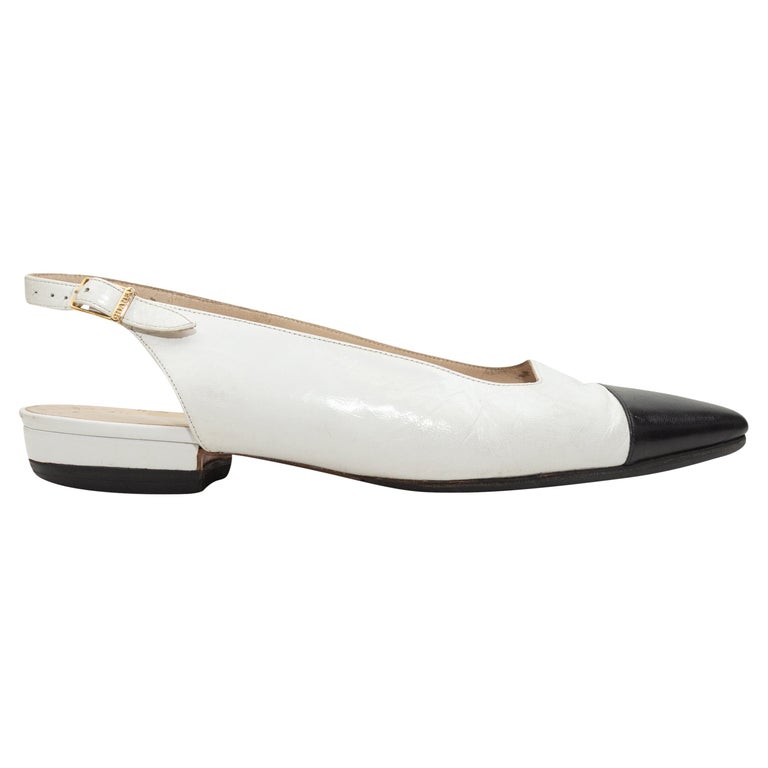 Chanel White and Black Cap-Toe Slingback Flats For Sale at 1stDibs