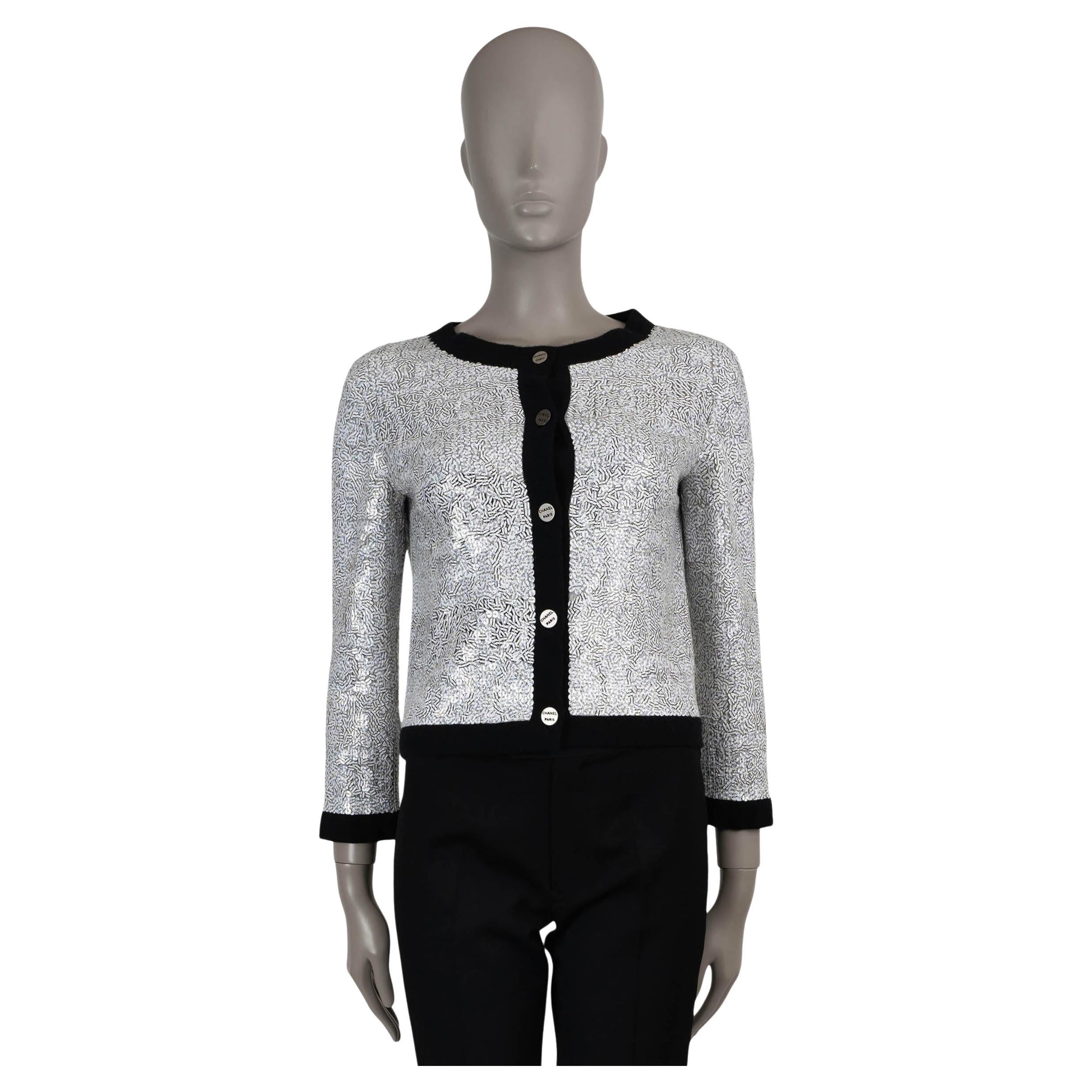 CHANEL white & black cashmere 08P SEQUIN Cardigan Sweater M For Sale