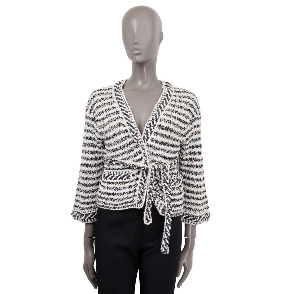 CHANEL white & black cotton 2018 18P CHAIN TRIM BELTED KNIT Jacket 36 XS For Sale