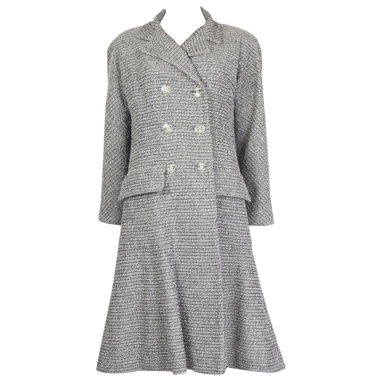 CHANEL white & black cotton Double-Breasted Tweed Coat Jacket 38 S