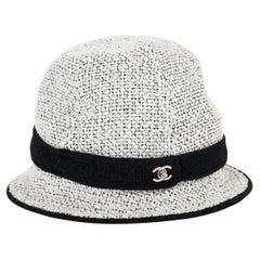 CHANEL white & black cotton TWEED TURNLOCK CLOCHE Hat 57