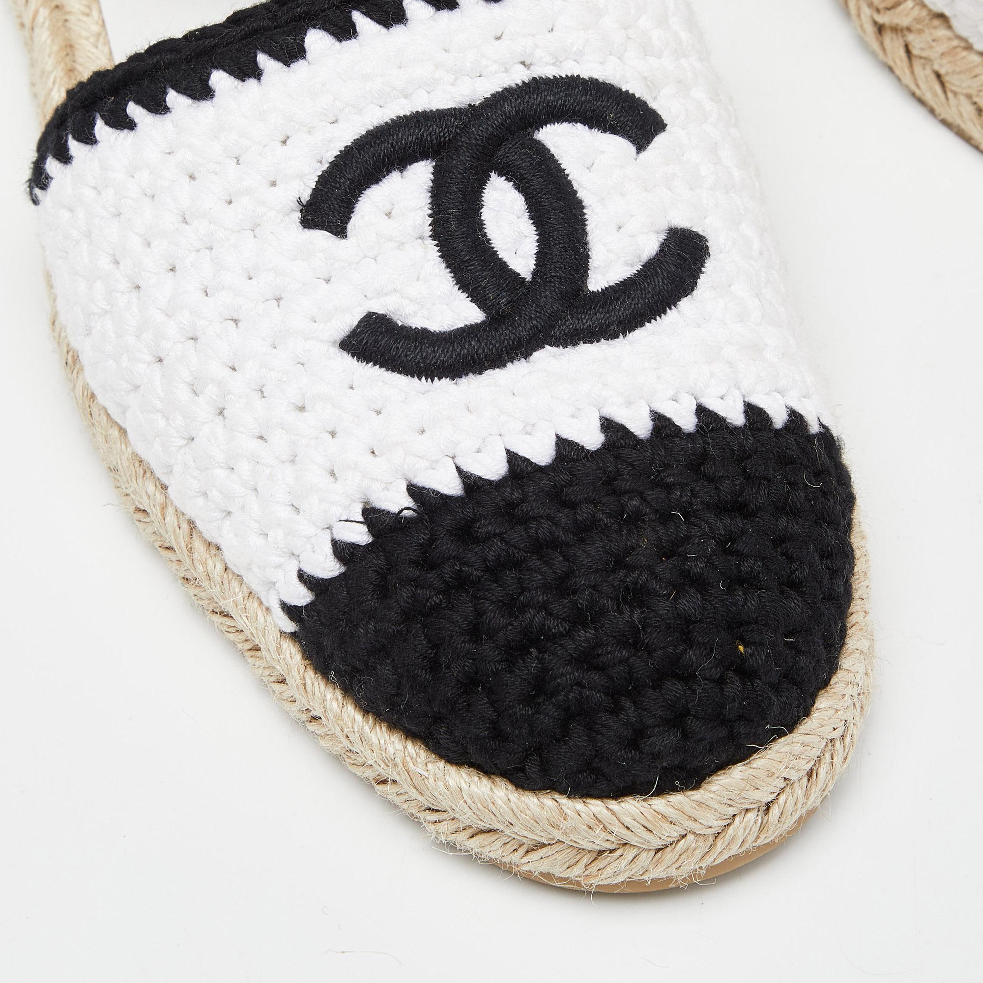 Women's Chanel White/Black Crochet Cotton Blend Ankle Strap Espadrilles Size 40