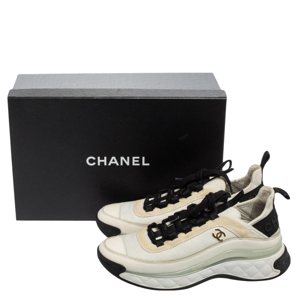 Beige Chanel White/Black Fabric And Suede CC Low Top Sneakers Size Size 38.5