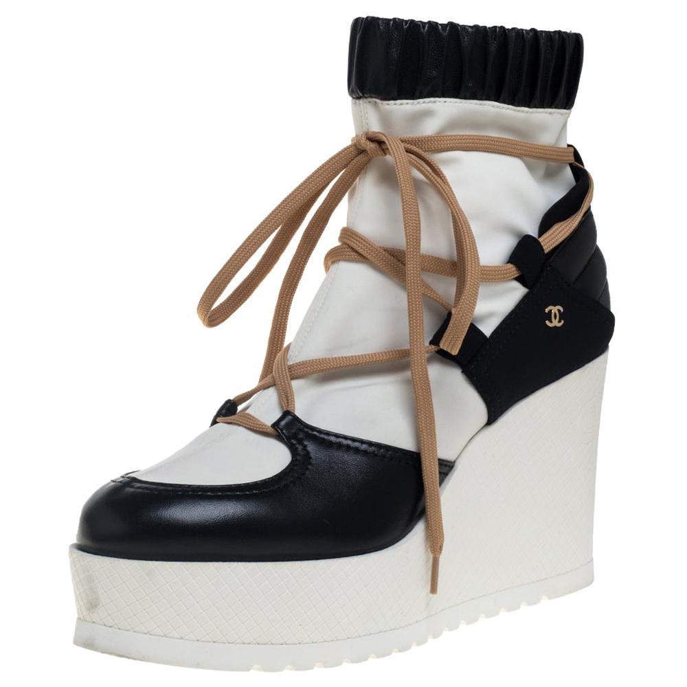 Chanel White/Black Leather And Fabric Lace Up Wedge Platform Boots Size  38.5 at 1stDibs