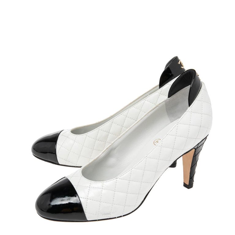 Chanel White/Black Leather And Patent Cap Toe Pumps Size 36.5 at 1stDibs