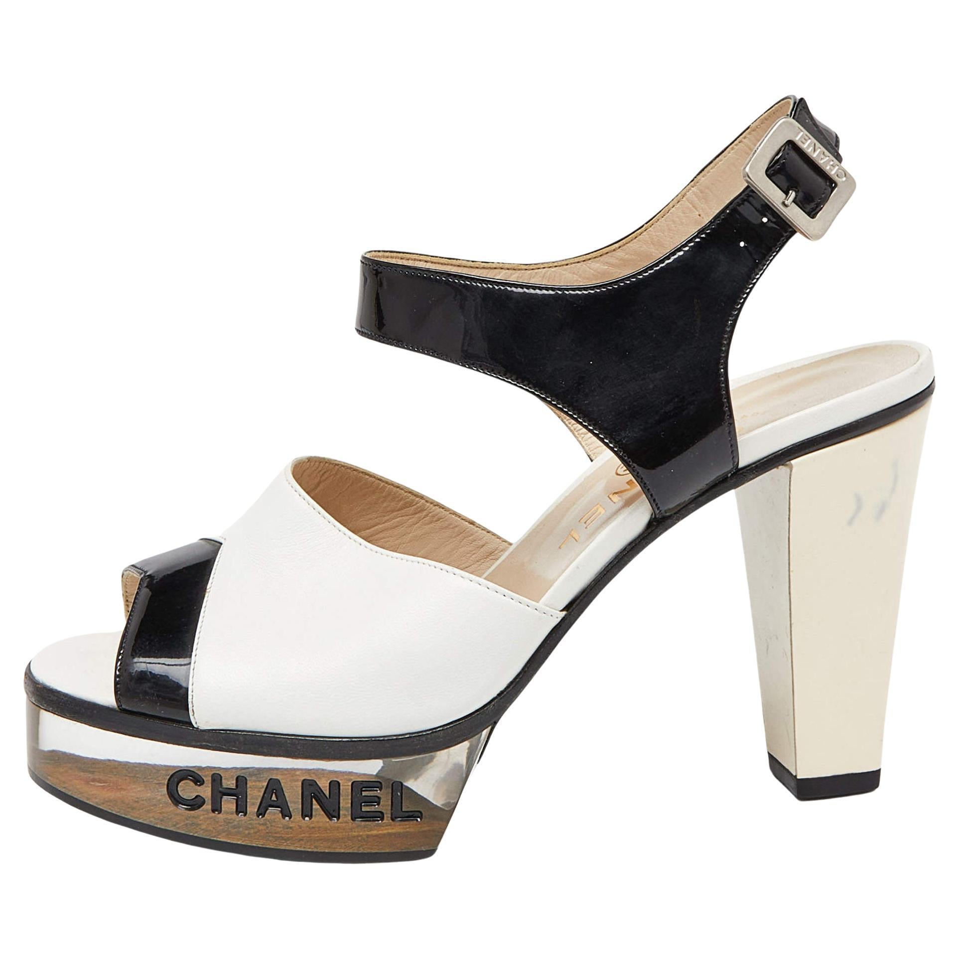Chanel White/Black Leather and Patent Platform Ankle Strap Sandals Size 37.5