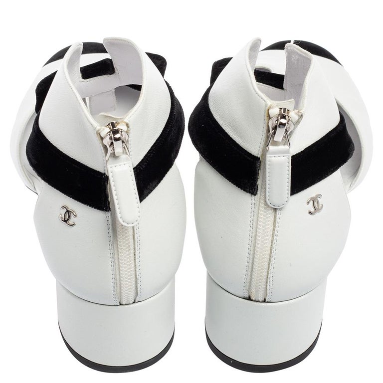 Chanel White/Black Leather and Velvet Cap-Toe Bow Cut-Out Ankle