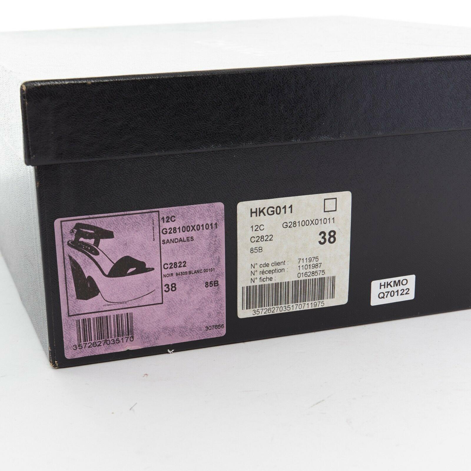 CHANEL white black leather ankle CC metal strap platform sandals heels EU38 US8 7