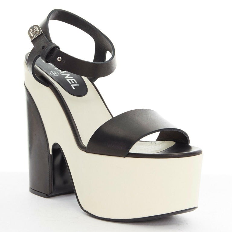 CHANEL white black leather ankle CC metal strap platform sandals heels ...