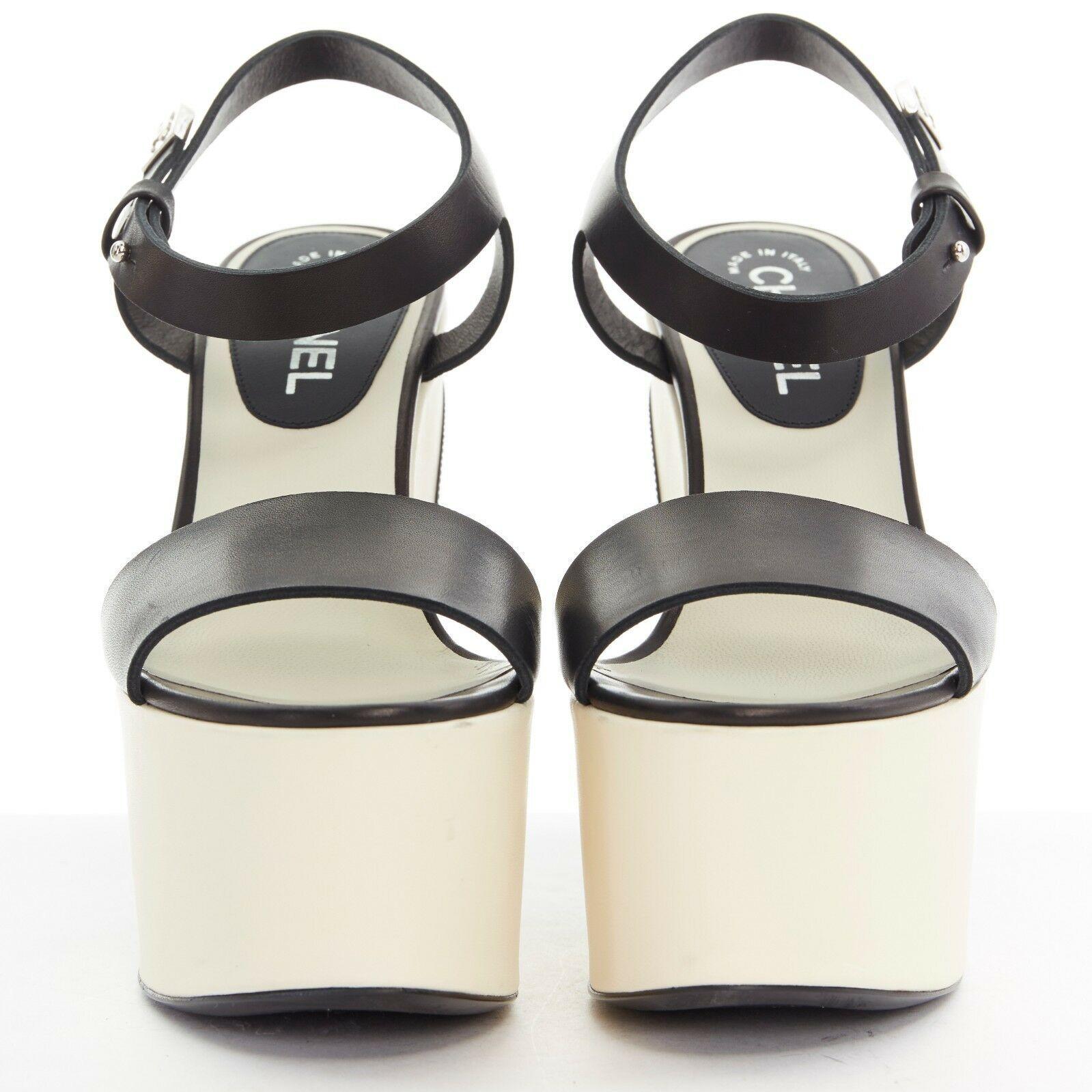Beige CHANEL white black leather ankle CC metal strap platform sandals heels EU38 US8