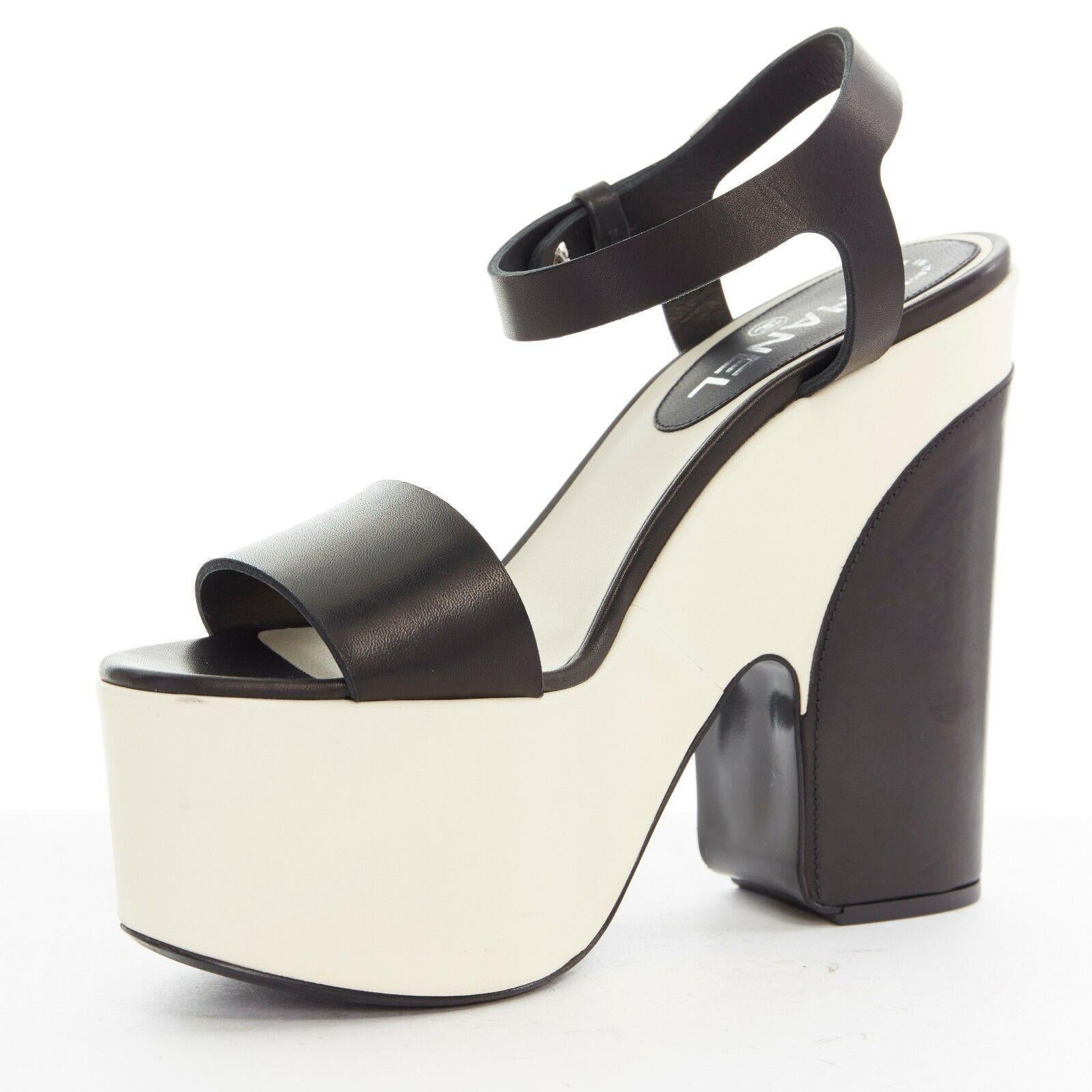 CHANEL white black leather ankle CC metal strap platform sandals heels EU38 US8 In Excellent Condition In Hong Kong, NT