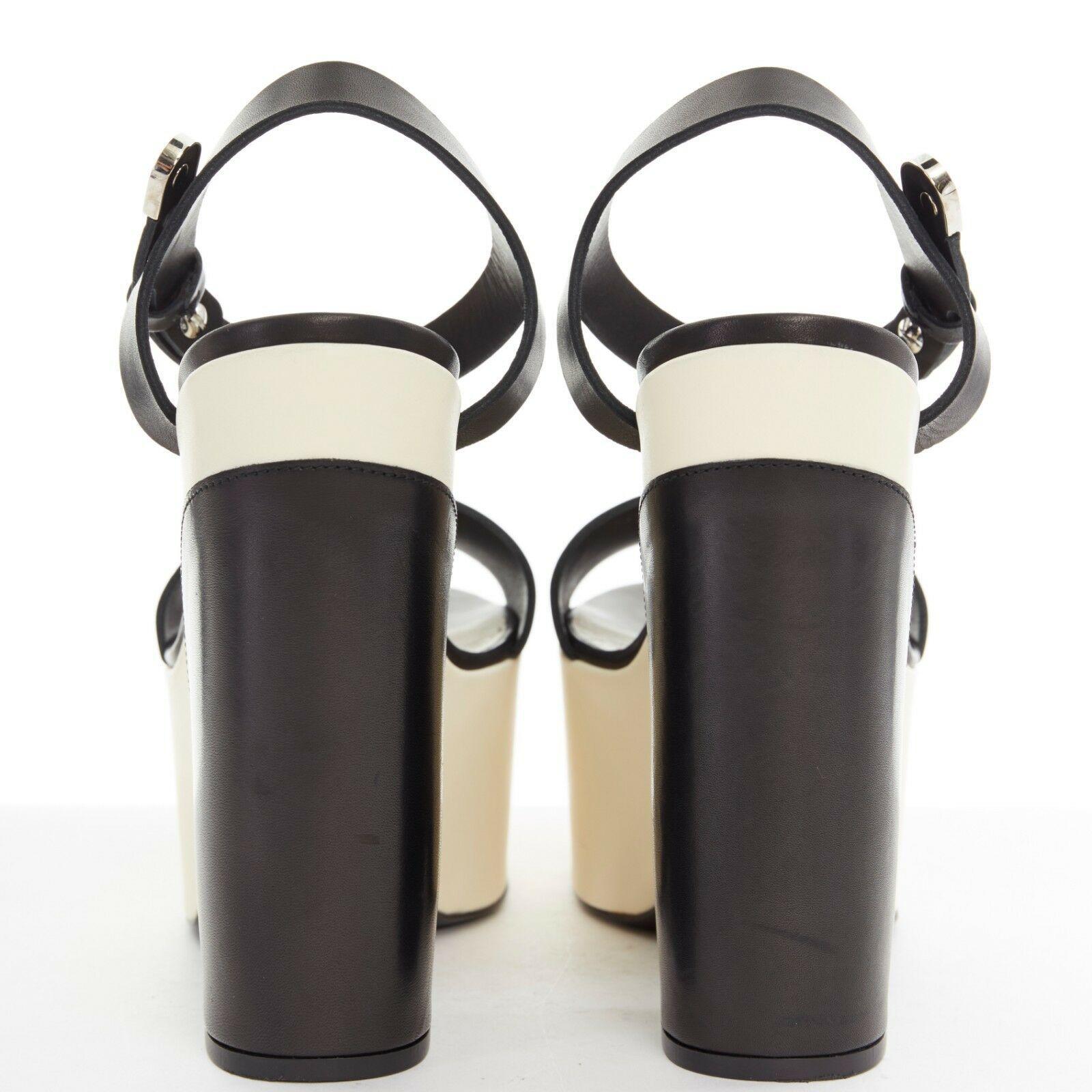 Women's CHANEL white black leather ankle CC metal strap platform sandals heels EU38 US8