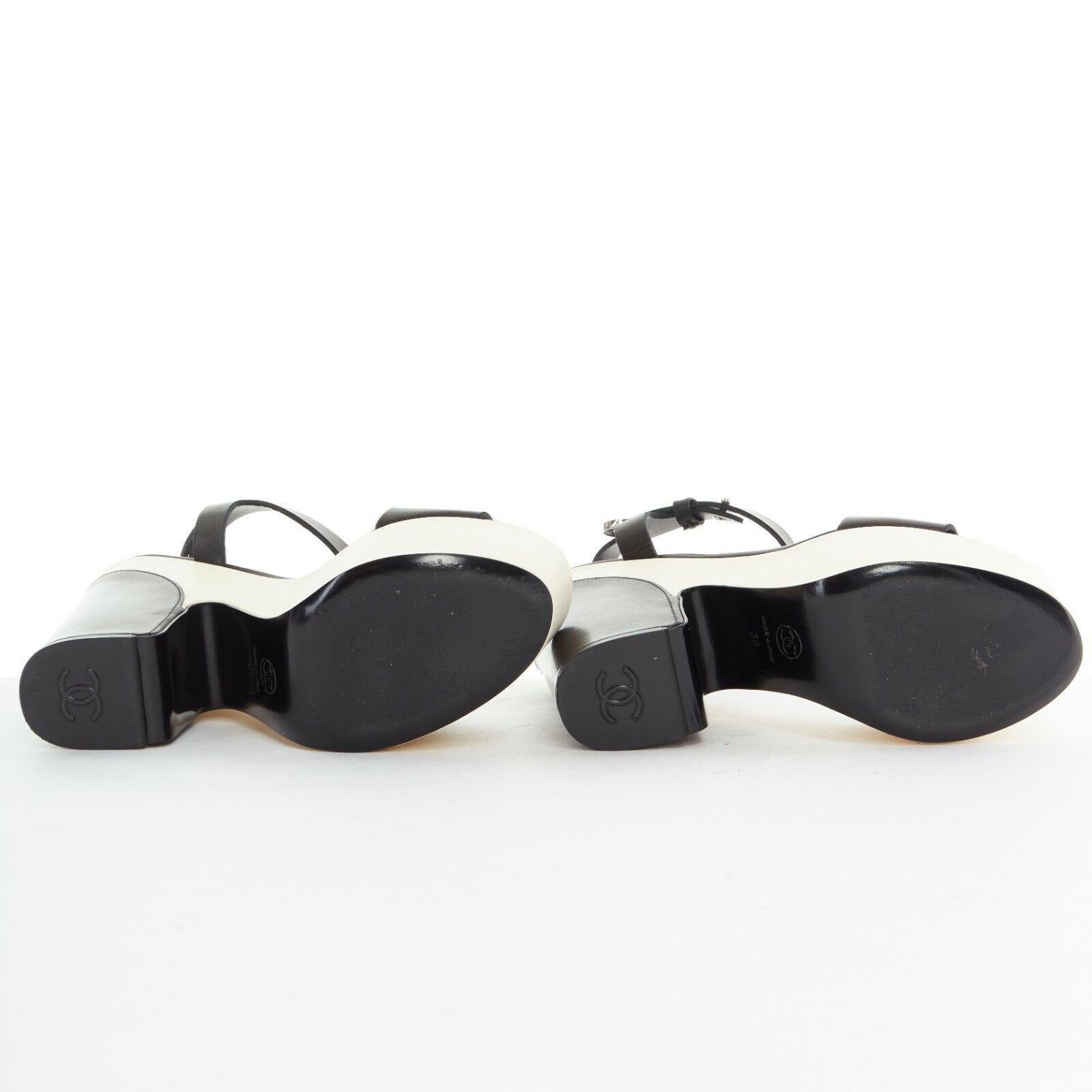 CHANEL white black leather ankle CC metal strap platform sandals heels EU38 US8 1