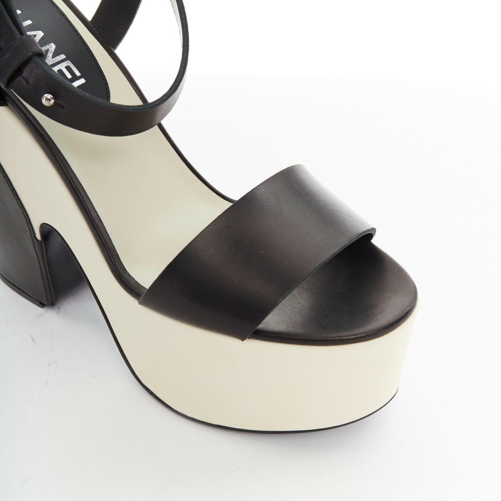 CHANEL white black leather ankle CC metal strap platform sandals heels EU38 US8 3