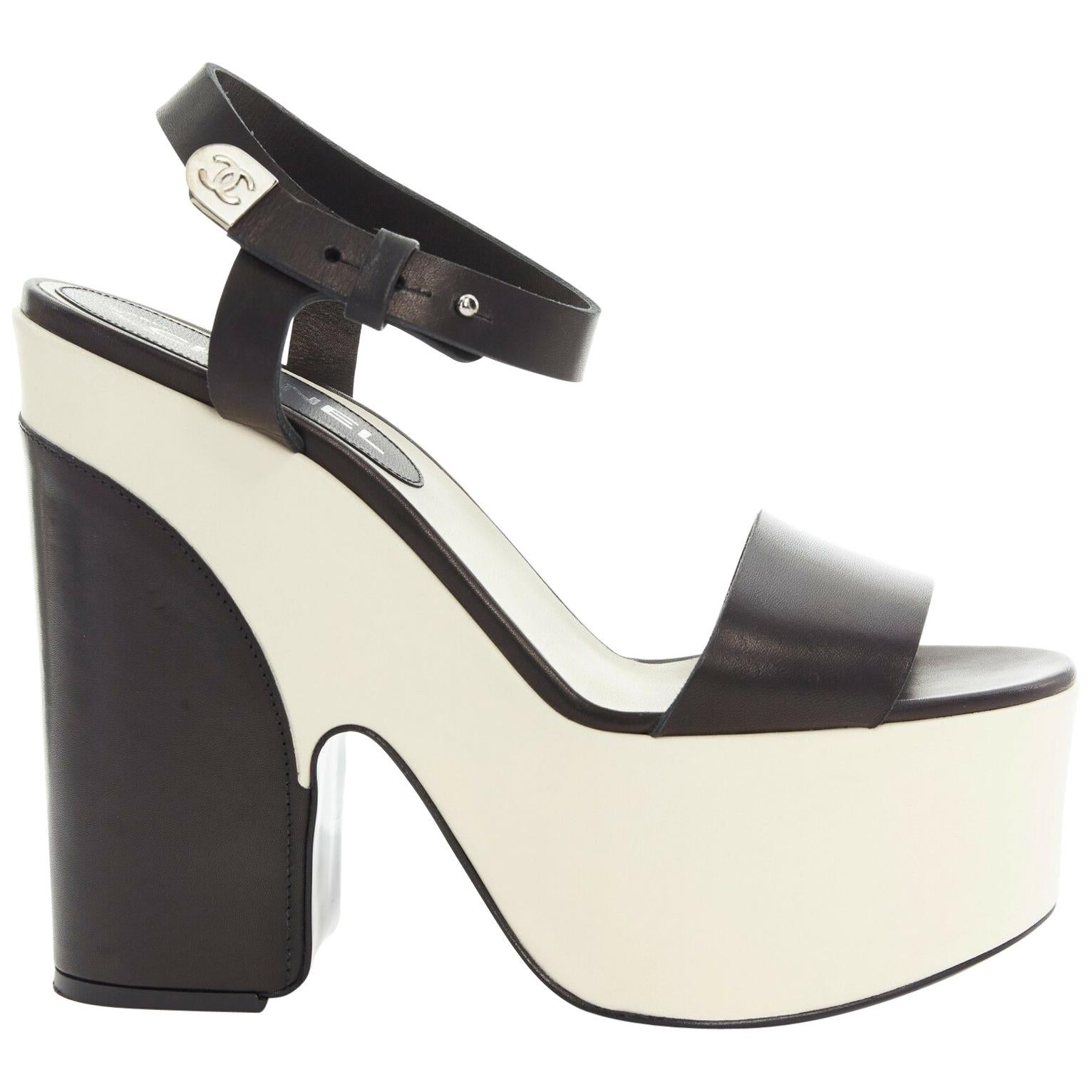 CHANEL white black leather ankle CC metal strap platform sandals heels ...